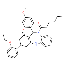 ChemSpider 2D Image | 3-(2-Ethoxyphenyl)-10-hexanoyl-11-(4-methoxyphenyl)-2,3,4,5,10,11-hexahydro-1H-dibenzo[b,e][1,4]diazepin-1-one | C34H38N2O4