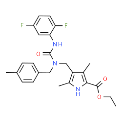 ChemSpider 2D Image | Ethyl 4-({[(2,5-difluorophenyl)carbamoyl](4-methylbenzyl)amino}methyl)-3,5-dimethyl-1H-pyrrole-2-carboxylate | C25H27F2N3O3