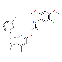 ChemSpider 2D Image | N-(5-Chloro-2,4-dimethoxyphenyl)-2-{[1-(3-fluorophenyl)-3,4-dimethyl-1H-pyrazolo[3,4-b]pyridin-6-yl]oxy}acetamide | C24H22ClFN4O4