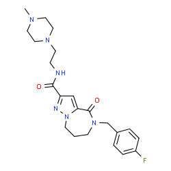 ChemSpider 2D Image | 5-(4-Fluorobenzyl)-N-[2-(4-methyl-1-piperazinyl)ethyl]-4-oxo-5,6,7,8-tetrahydro-4H-pyrazolo[1,5-a][1,4]diazepine-2-carboxamide | C22H29FN6O2
