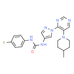 ChemSpider 2D Image | 1-(4-Fluorophenyl)-3-{1-[5-(4-methyl-1-piperidinyl)-4-pyrimidinyl]-1H-pyrazol-4-yl}urea | C20H22FN7O