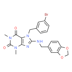 ChemSpider 2D Image | 8-[(1,3-Benzodioxol-5-ylmethyl)amino]-7-(3-bromobenzyl)-1,3-dimethyl-3,7-dihydro-1H-purine-2,6-dione | C22H20BrN5O4
