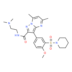 ChemSpider 2D Image | N-[2-(Dimethylamino)ethyl]-3-[4-methoxy-3-(1-piperidinylsulfonyl)phenyl]-5,7-dimethylpyrazolo[1,5-a]pyrimidine-2-carboxamide | C25H34N6O4S