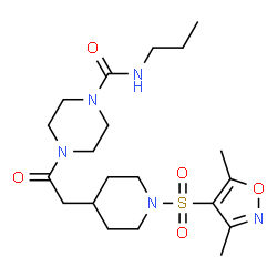 ChemSpider 2D Image | 4-({1-[(3,5-Dimethyl-1,2-oxazol-4-yl)sulfonyl]-4-piperidinyl}acetyl)-N-propyl-1-piperazinecarboxamide | C20H33N5O5S