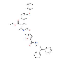 ChemSpider 2D Image | Ethyl 1-({5-[(3,3-diphenylpropyl)carbamoyl]-2-furyl}methyl)-2-methyl-6-oxo-4-(3-phenoxyphenyl)-1,4,5,6-tetrahydro-3-pyridinecarboxylate | C42H40N2O6