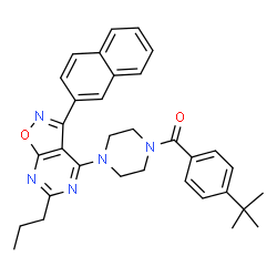 ChemSpider 2D Image | [4-(2-Methyl-2-propanyl)phenyl]{4-[3-(2-naphthyl)-6-propyl[1,2]oxazolo[5,4-d]pyrimidin-4-yl]-1-piperazinyl}methanone | C33H35N5O2
