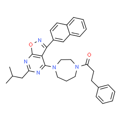 ChemSpider 2D Image | 1-{4-[6-Isobutyl-3-(2-naphthyl)[1,2]oxazolo[5,4-d]pyrimidin-4-yl]-1,4-diazepan-1-yl}-3-phenyl-1-propanone | C33H35N5O2