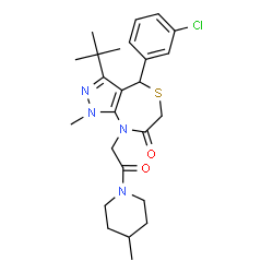 ChemSpider 2D Image | 4-(3-Chlorophenyl)-1-methyl-8-[2-(4-methyl-1-piperidinyl)-2-oxoethyl]-3-(2-methyl-2-propanyl)-4,8-dihydro-1H-pyrazolo[3,4-e][1,4]thiazepin-7(6H)-one | C25H33ClN4O2S