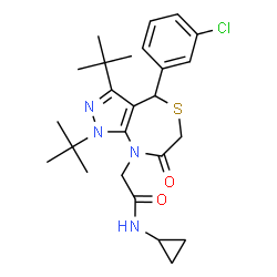 ChemSpider 2D Image | 2-[4-(3-Chlorophenyl)-1,3-bis(2-methyl-2-propanyl)-7-oxo-1,4,6,7-tetrahydro-8H-pyrazolo[3,4-e][1,4]thiazepin-8-yl]-N-cyclopropylacetamide | C25H33ClN4O2S