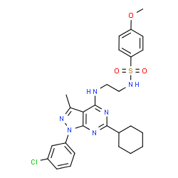 ChemSpider 2D Image | N-(2-{[1-(3-Chlorophenyl)-6-cyclohexyl-3-methyl-1H-pyrazolo[3,4-d]pyrimidin-4-yl]amino}ethyl)-4-methoxybenzenesulfonamide | C27H31ClN6O3S