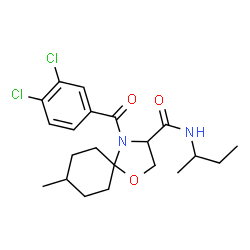 ChemSpider 2D Image | N-sec-Butyl-4-(3,4-dichlorobenzoyl)-8-methyl-1-oxa-4-azaspiro[4.5]decane-3-carboxamide | C21H28Cl2N2O3