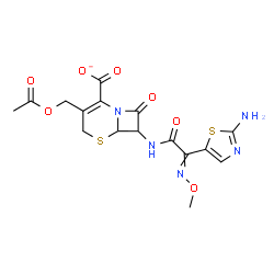 ChemSpider 2D Image | 3-(Acetoxymethyl)-7-{[(2-amino-1,3-thiazol-5-yl)(methoxyimino)acetyl]amino}-8-oxo-5-thia-1-azabicyclo[4.2.0]oct-2-ene-2-carboxylate | C16H16N5O7S2