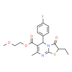 ChemSpider 2D Image | 2-Methoxyethyl 2-ethyl-5-(4-fluorophenyl)-7-methyl-3-oxo-2,3-dihydro-5H-[1,3]thiazolo[3,2-a]pyrimidine-6-carboxylate | C19H21FN2O4S