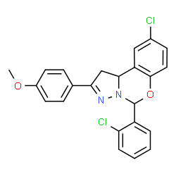 ChemSpider 2D Image | 9-Chloro-5-(2-chlorophenyl)-2-(4-methoxyphenyl)-1,10b-dihydropyrazolo[1,5-c][1,3]benzoxazine | C23H18Cl2N2O2