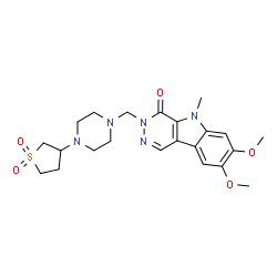 ChemSpider 2D Image | 3-{[4-(1,1-Dioxidotetrahydro-3-thiophenyl)-1-piperazinyl]methyl}-7,8-dimethoxy-5-methyl-3,5-dihydro-4H-pyridazino[4,5-b]indol-4-one | C22H29N5O5S