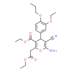 ChemSpider 2D Image | Ethyl 6-amino-5-cyano-2-(2-ethoxy-2-oxoethyl)-4-(3-ethoxy-4-propoxyphenyl)-4H-pyran-3-carboxylate | C24H30N2O7