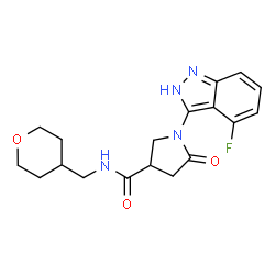 ChemSpider 2D Image | 1-(4-Fluoro-2H-indazol-3-yl)-5-oxo-N-(tetrahydro-2H-pyran-4-ylmethyl)-3-pyrrolidinecarboxamide | C18H21FN4O3