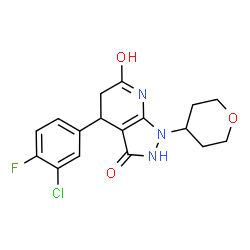 ChemSpider 2D Image | 4-(3-Chloro-4-fluorophenyl)-1-(tetrahydro-2H-pyran-4-yl)-4,7-dihydro-1H-pyrazolo[3,4-b]pyridine-3,6(2H,5H)-dione | C17H17ClFN3O3
