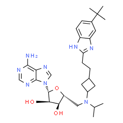 ChemSpider 2D Image | 5'-Deoxy-5'-[isopropyl(3-{2-[5-(2-methyl-2-propanyl)-1H-benzimidazol-2-yl]ethyl}cyclobutyl)amino]adenosine | C30H42N8O3