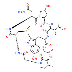 ChemSpider 2D Image | 2-[(1R,4S,10S,13S,16S,27R,34S)-34-sec-Butyl-8,22-dihydroxy-13-[(2R,3S)-3-hydroxy-2-butanyl]-27-oxido-2,5,11,14,30,33,36,39-octaoxo-27-thia-3,6,12,15,25,29,32,35,38-nonaazapentacyclo[14.12.11.0~6,10~.0
~18,26~.0~19,24~]nonatriaconta-18(26),19,21,23-tetraen-4-yl]acetamide | C39H54N10O13S