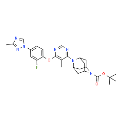 ChemSpider 2D Image | 2-Methyl-2-propanyl 6-{6-[2-fluoro-4-(3-methyl-1H-1,2,4-triazol-1-yl)phenoxy]-5-methyl-4-pyrimidinyl}-2,6-diazatricyclo[3.3.1.1~3,7~]decane-2-carboxylate | C27H32FN7O3