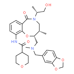 ChemSpider 2D Image | N-[(2R,3S)-2-[[1,3-benzodioxol-5-ylmethyl(methyl)amino]methyl]-5-[(2R)-1-hydroxypropan-2-yl]-3-methyl-6-oxo-3,4-dihydro-2H-1,5-benzoxazocin-10-yl]-4-oxanecarboxamide | C30H39N3O7