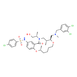 ChemSpider 2D Image | 4-chloro-N-[(3R,9S,10R)-9-[[(3,4-dichlorophenyl)methyl-methylamino]methyl]-12-[(2S)-1-hydroxypropan-2-yl]-3,10-dimethyl-13-oxo-2,8-dioxa-12-azabicyclo[12.4.0]octadeca-1(14),15,17-trien-16-yl]benzenesulfonamide | C35H44Cl3N3O6S