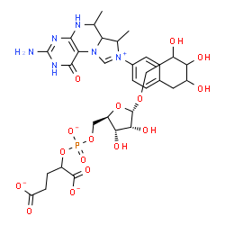 ChemSpider 2D Image | 1-[4-(3-Amino-6,7-dimethyl-1-oxo-1,2,5,6,6a,7-hexahydroimidazo[1,5-f]pteridin-8-ium-8-yl)phenyl]-1-deoxy-5-O-{5-O-[(1,3-dicarboxylatopropoxy)phosphinato]-alpha-D-ribofuranosyl}pentitol | C31H41N6O16P