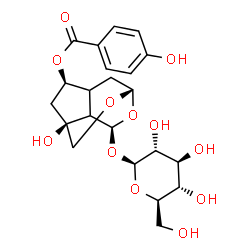 ChemSpider 2D Image | (1S,4S,6R,9S)-9-(beta-D-Glucopyranosyloxy)-4-hydroxy-2,10-dioxatricyclo[5.3.1.0~4,8~]undec-6-yl 4-hydroxybenzoate | C22H28O12