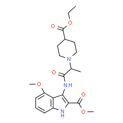 ChemSpider 2D Image | Methyl 3-({2-[4-(ethoxycarbonyl)-1-piperidinyl]propanoyl}amino)-4-methoxy-1H-indole-2-carboxylate | C22H29N3O6