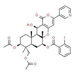 ChemSpider 2D Image | (3S,4R,4aR,6S,6aS,12R,12aS,12bS)-3-Acetoxy-4-(acetoxymethyl)-12-hydroxy-4,6a,12b-trimethyl-11-oxo-9-(3-pyridinyl)-1,3,4,4a,5,6,6a,12,12a,12b-decahydro-2H,11H-benzo[f]pyrano[4,3-b]chromen-6-yl 2-iodobe
nzoate | C36H38INO10