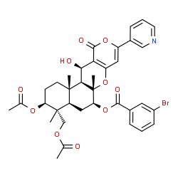 ChemSpider 2D Image | (3S,4R,4aR,6S,6aS,12R,12aS,12bS)-3-Acetoxy-4-(acetoxymethyl)-12-hydroxy-4,6a,12b-trimethyl-11-oxo-9-(3-pyridinyl)-1,3,4,4a,5,6,6a,12,12a,12b-decahydro-2H,11H-benzo[f]pyrano[4,3-b]chromen-6-yl 3-bromob
enzoate | C36H38BrNO10