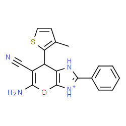 ChemSpider 2D Image | 5-Amino-6-cyano-7-(3-methyl-2-thienyl)-2-phenyl-1,7-dihydropyrano[2,3-d]imidazol-3-ium | C18H15N4OS