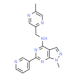 ChemSpider 2D Image | 1-Methyl-N-[(5-methyl-2-pyrazinyl)methyl]-6-(3-pyridinyl)-1H-pyrazolo[3,4-d]pyrimidin-4-amine | C17H16N8