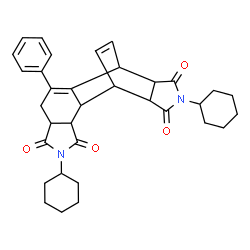 ChemSpider 2D Image | 5,14-Dicyclohexyl-9-phenyl-5,14-diazapentacyclo[9.5.2.0~2,10~.0~3,7~.0~12,16~]octadeca-9,17-diene-4,6,13,15-tetrone | C34H38N2O4
