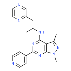 ChemSpider 2D Image | 1,3-Dimethyl-N-[1-(2-pyrazinyl)-2-propanyl]-6-(4-pyridinyl)-1H-pyrazolo[3,4-d]pyrimidin-4-amine | C19H20N8