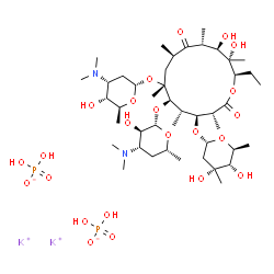 ChemSpider 2D Image | Potassium dihydrogen phosphate - (3R,4S,5S,6R,7R,9R,11R,12R,13S,14R)-4-{[(2R,4R,5S,6S)-4,5-dihydroxy-4,6-dimethyltetrahydro-2H-pyran-2-yl]oxy}-6-{[(2S,3R,4S,6R)-4-(dimethylamino)-3-hydroxy-6-methyltet
rahydro-2H-pyran-2-yl]oxy}-7-{[(2S,4R,5R,6S)-4-(dimethylamino)-5-hydroxy-6-methyltetrahydro-2H-pyran-2-yl]oxy}-14-ethyl-12,13-dihydroxy-3,5,7,9,11,13-hexamethyloxacyclotetradecane-2,10-dione (2:2:1) (
non-preferred name) | C44H84K2N2O23P2