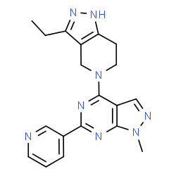 ChemSpider 2D Image | 4-(3-Ethyl-1,4,6,7-tetrahydro-5H-pyrazolo[4,3-c]pyridin-5-yl)-1-methyl-6-(3-pyridinyl)-1H-pyrazolo[3,4-d]pyrimidine | C19H20N8