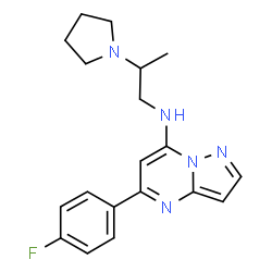 ChemSpider 2D Image | 5-(4-Fluorophenyl)-N-[2-(1-pyrrolidinyl)propyl]pyrazolo[1,5-a]pyrimidin-7-amine | C19H22FN5