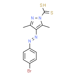 ChemSpider 2D Image | 4-[(E)-(4-Bromophenyl)diazenyl]-3,5-dimethyl-1H-pyrazole-1-carbodithioic acid | C12H11BrN4S2