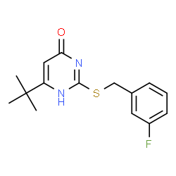 ChemSpider 2D Image | 2-[(3-Fluorobenzyl)sulfanyl]-6-(2-methyl-2-propanyl)-4(1H)-pyrimidinone | C15H17FN2OS