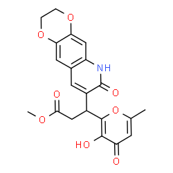 ChemSpider 2D Image | Methyl 3-(3-hydroxy-6-methyl-4-oxo-4H-pyran-2-yl)-3-(7-oxo-2,3,6,7-tetrahydro[1,4]dioxino[2,3-g]quinolin-8-yl)propanoate | C21H19NO8