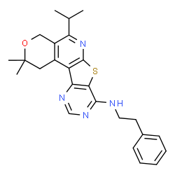 ChemSpider 2D Image | 5-Isopropyl-2,2-dimethyl-N-(2-phenylethyl)-1,4-dihydro-2H-pyrano[4'',3'':4',5']pyrido[3',2':4,5]thieno[3,2-d]pyrimidin-8-amine | C25H28N4OS