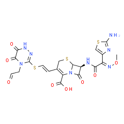 ChemSpider 2D Image | (7S)-7-{[(2E)-2-(2-Amino-1,3-thiazol-4-yl)-2-(methoxyimino)acetyl]amino}-3-[(E)-2-{[5,6-dioxo-4-(2-oxoethyl)-1,4,5,6-tetrahydro-1,2,4-triazin-3-yl]sulfanyl}vinyl]-8-oxo-5-thia-1-azabicyclo[4.2.0]oct-2
-ene-2-carboxylic acid | C20H18N8O8S3