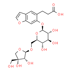 ChemSpider 2D Image | 3-[6-({6-O-[(2R,3R,4R)-3,4-Dihydroxy-4-(hydroxymethyl)tetrahydro-2-furanyl]-beta-D-glucopyranosyl}oxy)-1-benzofuran-5-yl]propanoic acid | C22H28O13