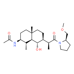 ChemSpider 2D Image | N-[(1S,2S,4aS,7S,8S,8aS)-8-Hydroxy-7-{(2S)-1-[(2R)-2-(methoxymethyl)-1-pyrrolidinyl]-1-oxo-2-propanyl}-1,4a-dimethyldecahydro-2-naphthalenyl]acetamide | C23H40N2O4
