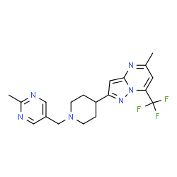 ChemSpider 2D Image | 5-Methyl-2-{1-[(2-methyl-5-pyrimidinyl)methyl]-4-piperidinyl}-7-(trifluoromethyl)pyrazolo[1,5-a]pyrimidine | C19H21F3N6