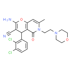 ChemSpider 2D Image | 2-Amino-4-(2,3-dichlorophenyl)-7-methyl-6-[2-(4-morpholinyl)ethyl]-5-oxo-5,6-dihydro-4H-pyrano[3,2-c]pyridine-3-carbonitrile | C22H22Cl2N4O3