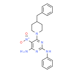 ChemSpider 2D Image | 6-(4-Benzyl-1-piperidinyl)-5-nitro-N~2~-phenyl-2,4-pyrimidinediamine | C22H24N6O2
