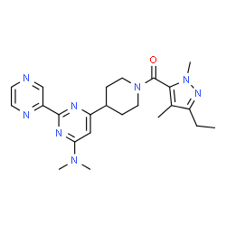 ChemSpider 2D Image | {4-[6-(Dimethylamino)-2-(2-pyrazinyl)-4-pyrimidinyl]-1-piperidinyl}(3-ethyl-1,4-dimethyl-1H-pyrazol-5-yl)methanone | C23H30N8O